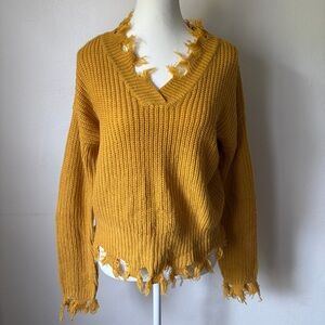 Mustard Yellow Distressed V-Neck Sweater